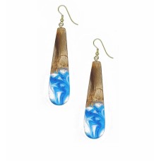 Wood and blue marble resin ear ring